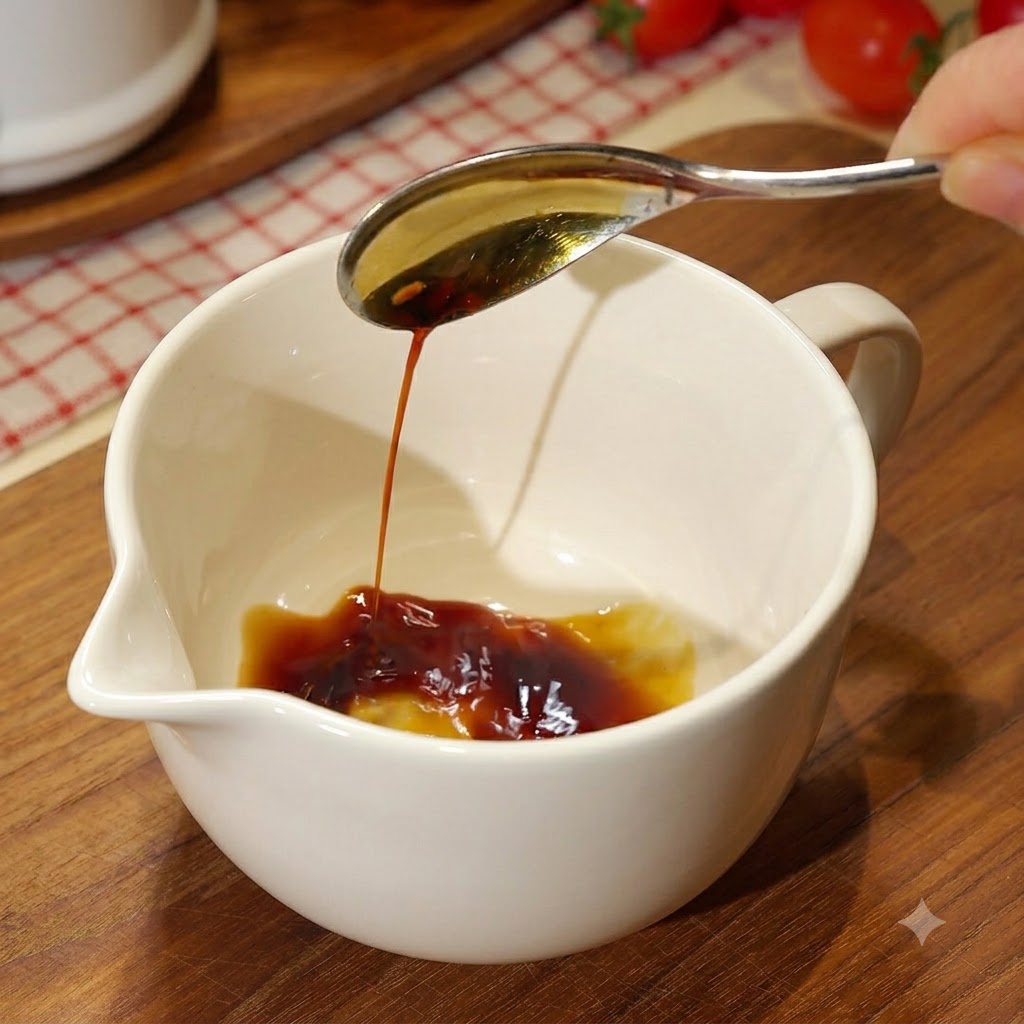 A white measuring cup with dark sauce ingredients being mixed using a spoon.