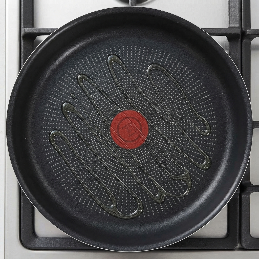 A non-stick pan on a stovetop with oil drizzled across the surface in a zigzag pattern.