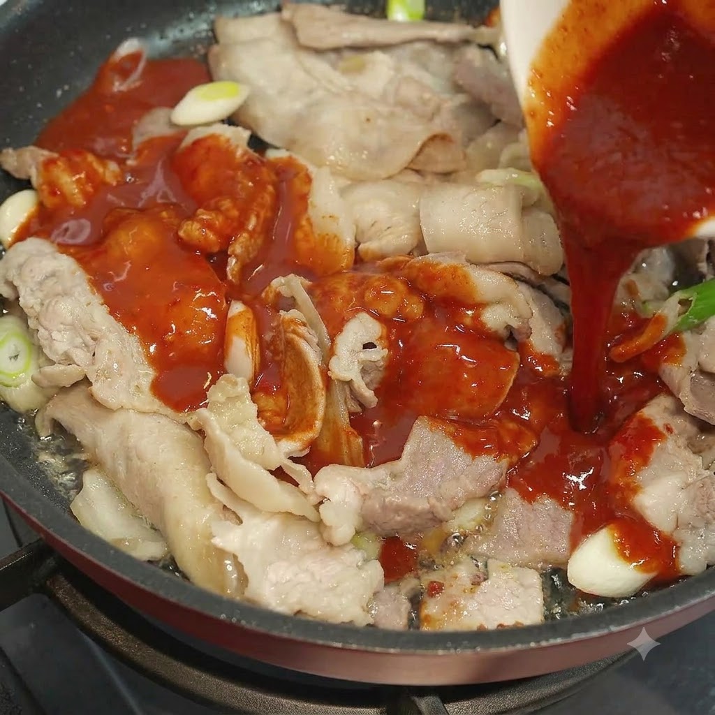 Red sauce being poured from a bowl into a pan containing pork slices and green onions.