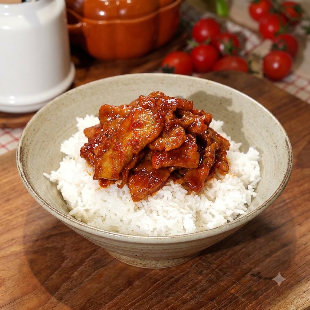 A mound of cooked spicy pork being carefully placed with chopsticks on top of a bed of white rice in a ceramic bowl.