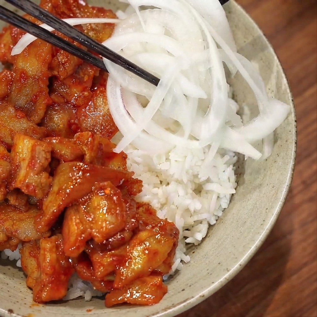 Chopsticks placing soaked white onion strips onto the bowl next to the spicy pork and rice.