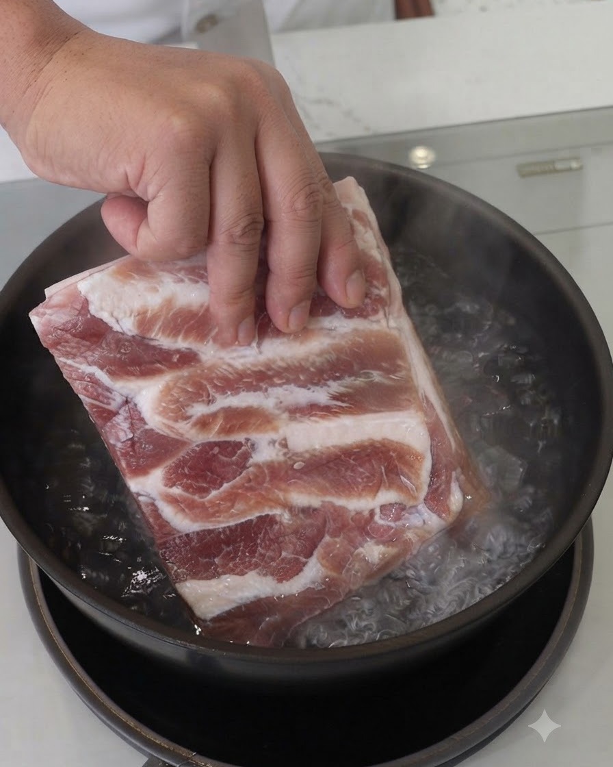 A block of raw pork belly being lowered into a pot of bubbling boiling water.