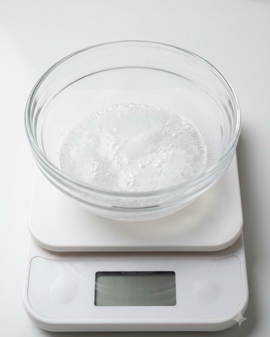 A glass bowl containing a bubbly white vinegar and soda mixture resting on a white digital scale.