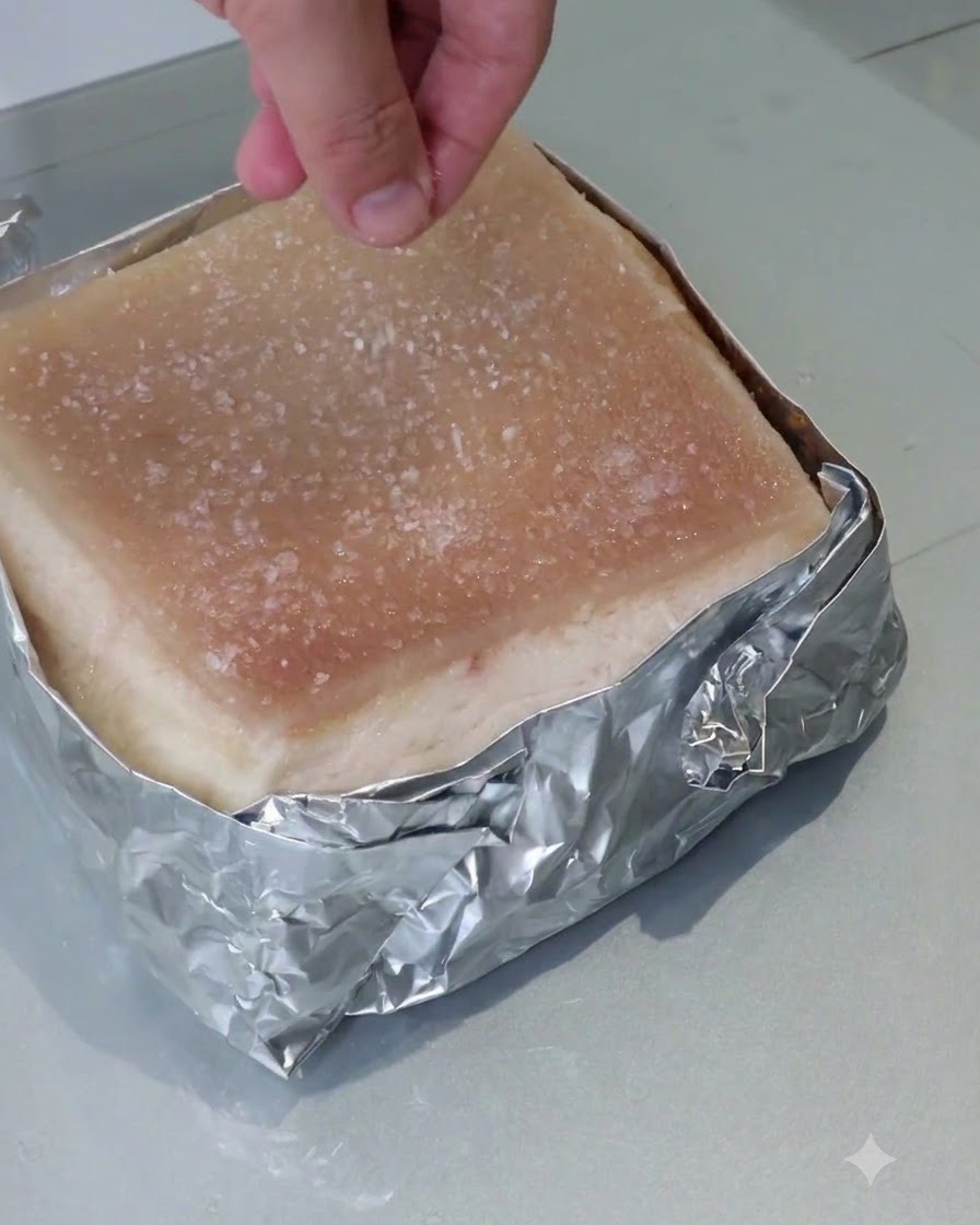 A hand sprinkling coarse salt evenly over the surface of a foil-wrapped piece of pork belly.