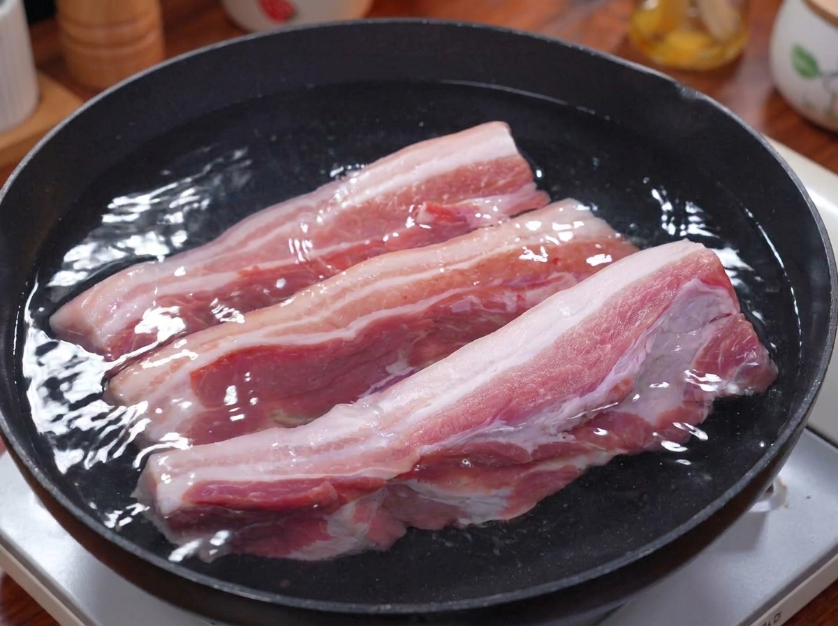 Three raw pork belly strips placed in a pan filled with water for boiling.