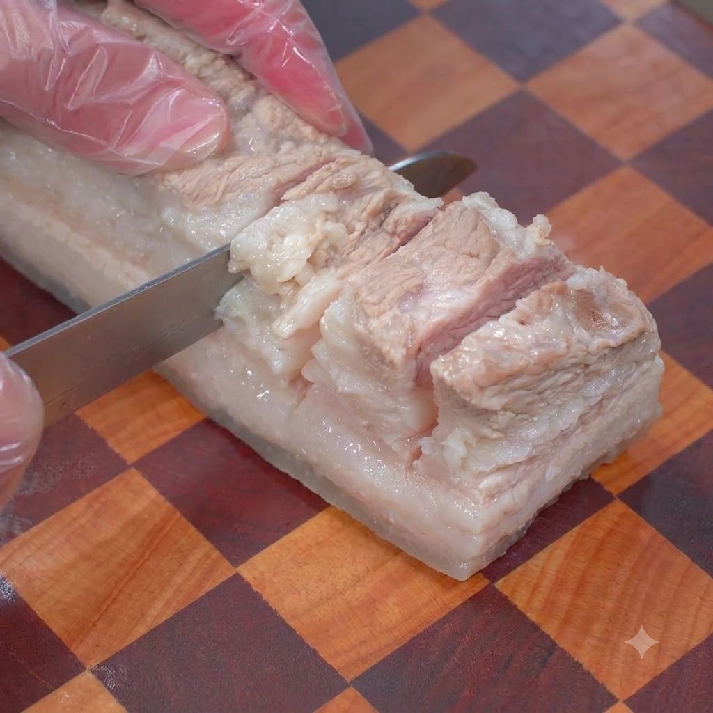 A knife making vertical incisions on a boiled pork belly strip on a cutting board.