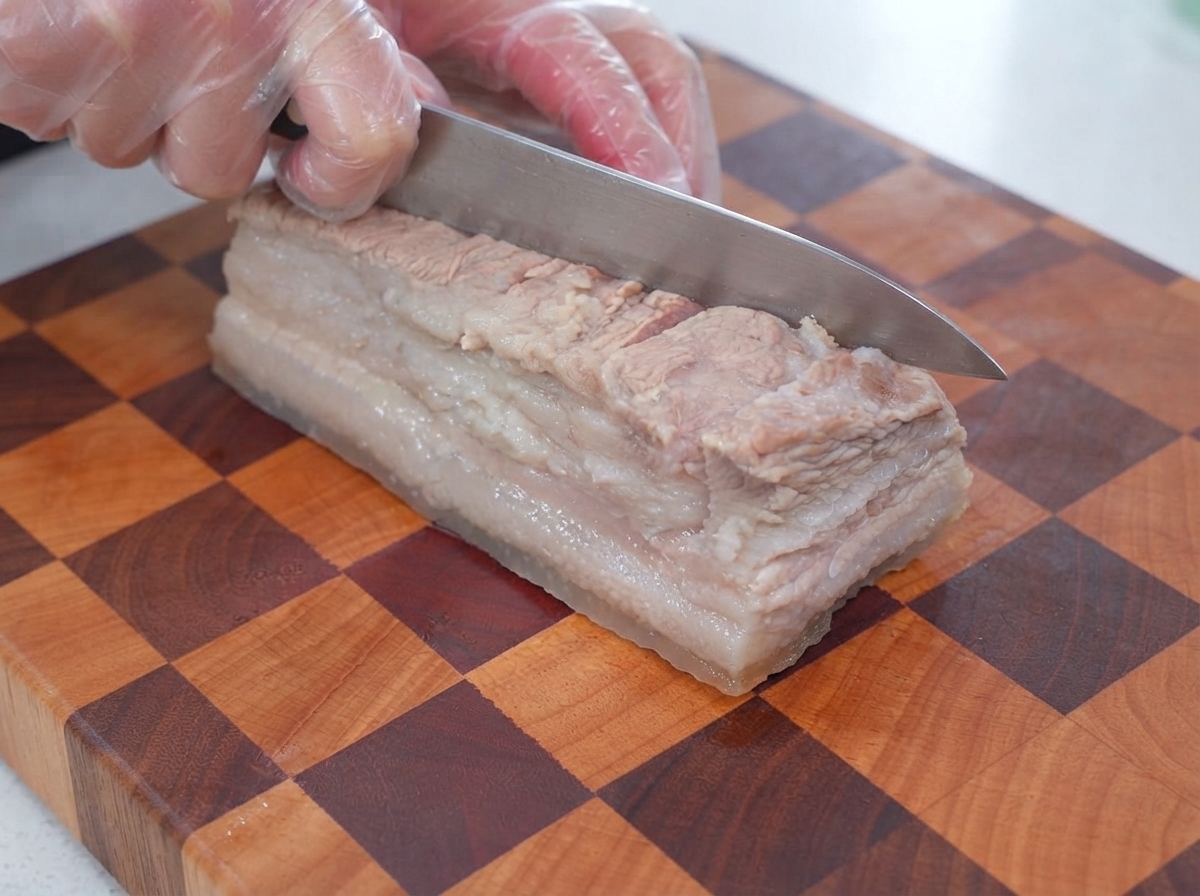 Light soy sauce and oyster sauce being poured over scored pork belly strips.