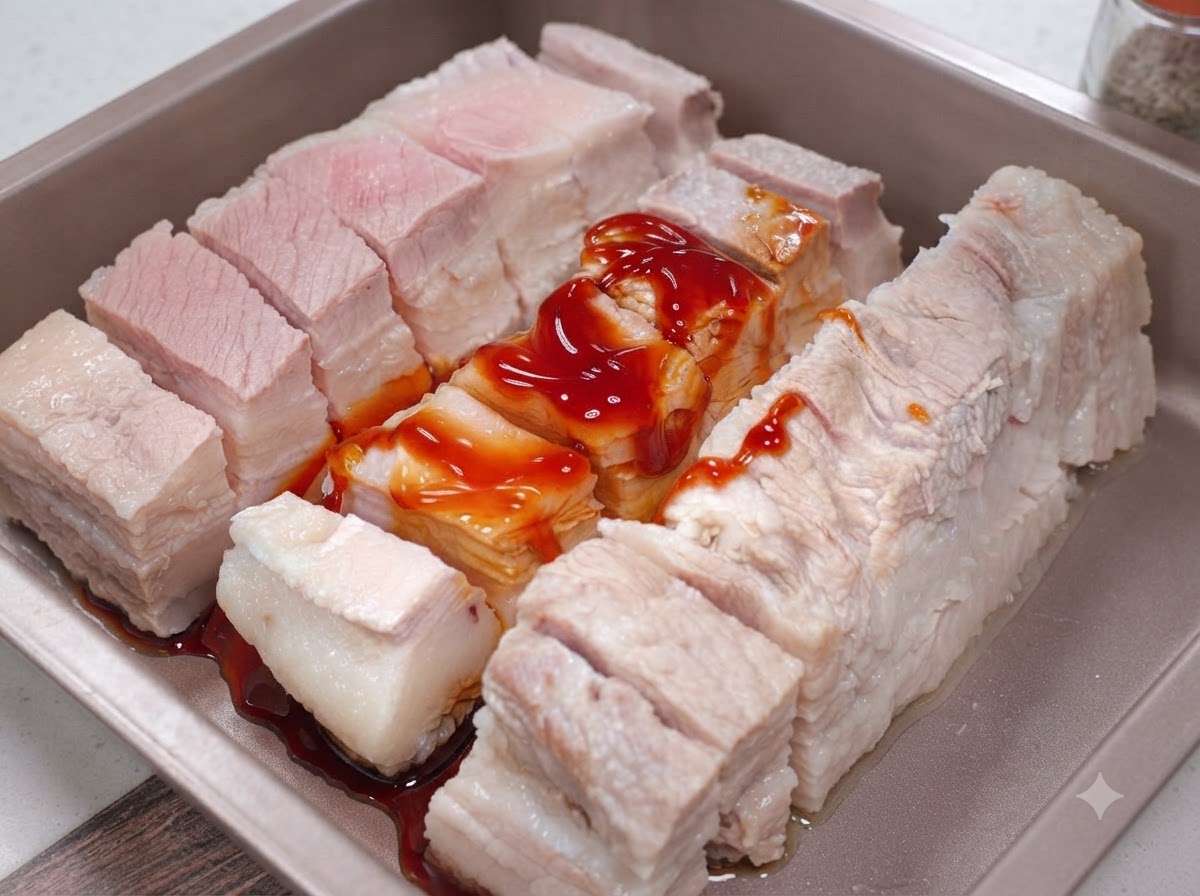 BBQ seasoning powder being applied and massaged onto the pork belly strips.