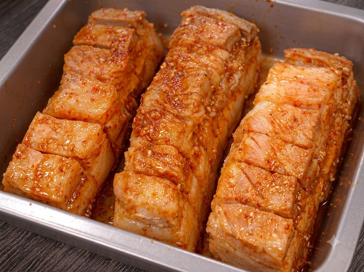 Seasoned pork belly strips tightly wrapped inside aluminum foil.