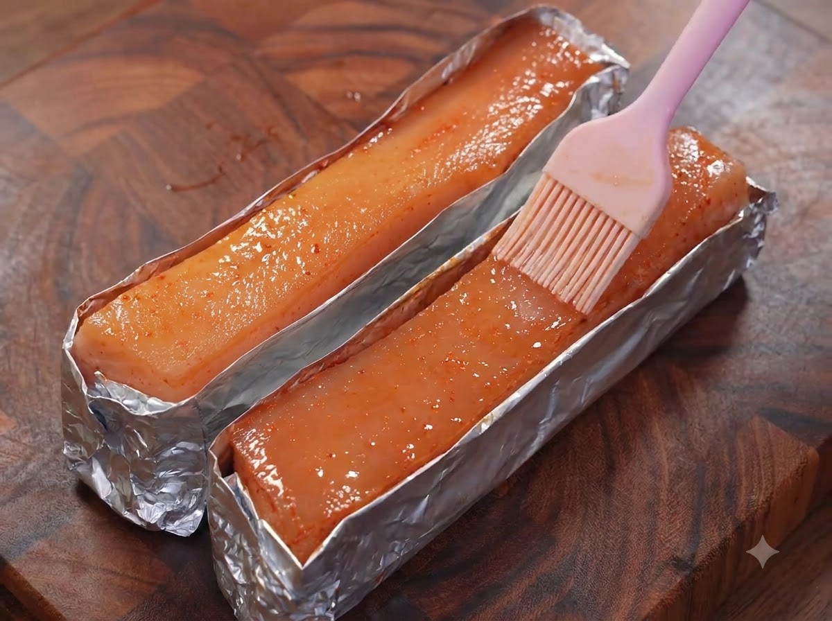A layer of coarse salt being spread evenly on top of the pork belly inside foil.
