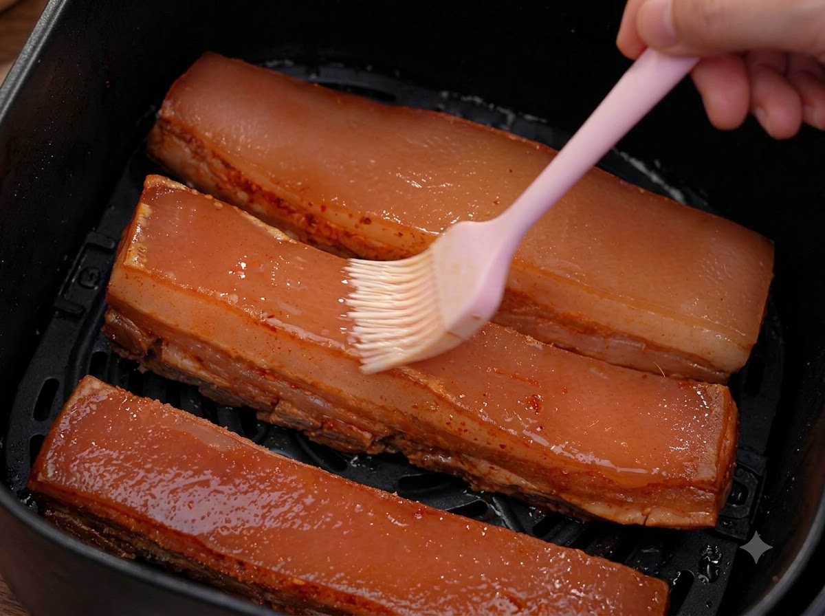 The pork belly with the salt removed being brushed with white vinegar in the air fryer basket.