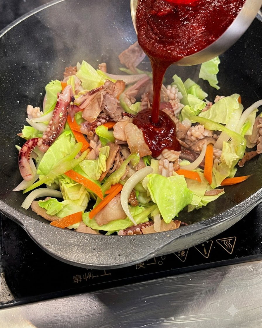 Thick red squid stir-fry sauce being poured from a steel bowl into the wok.