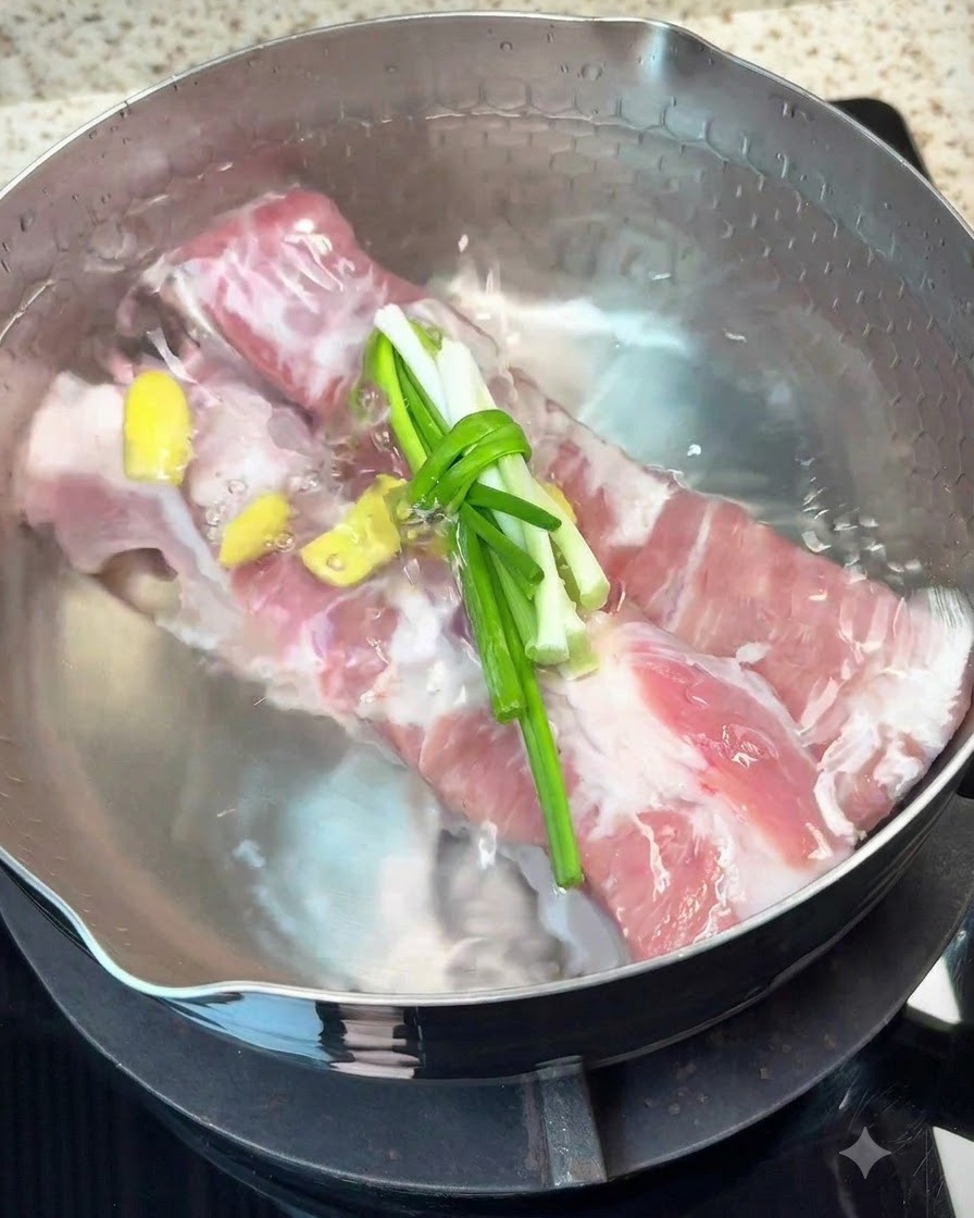 Pork belly pieces boiling in a pot with aromatics like ginger, green onions, and spices.
