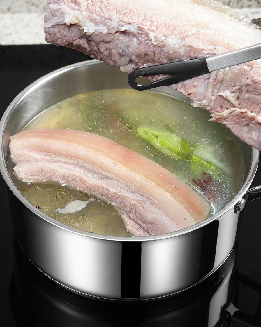 Boiled pork belly being sliced into sections while keeping the skin intact at the bottom.
