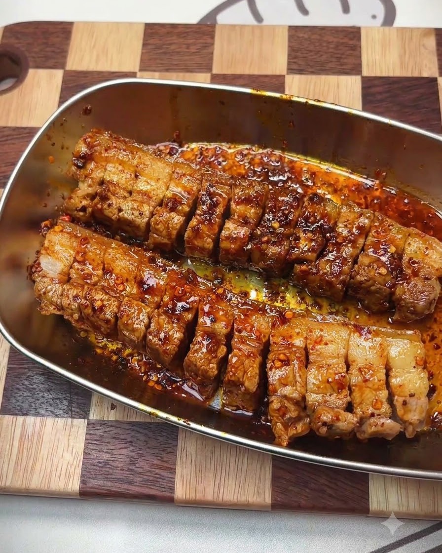 A gloved hand massaging the marinade into the sliced pork belly.