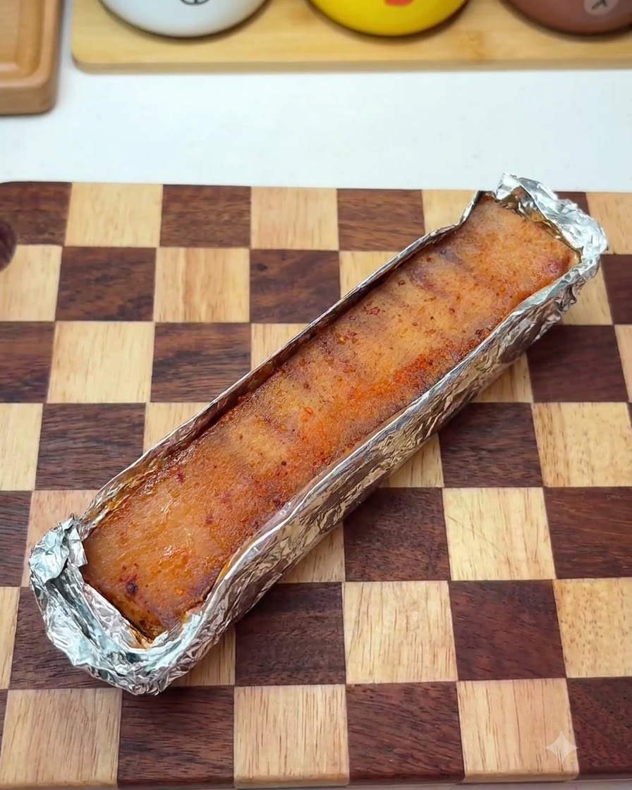 Pork belly secured with toothpicks and wrapped tightly in aluminum foil.