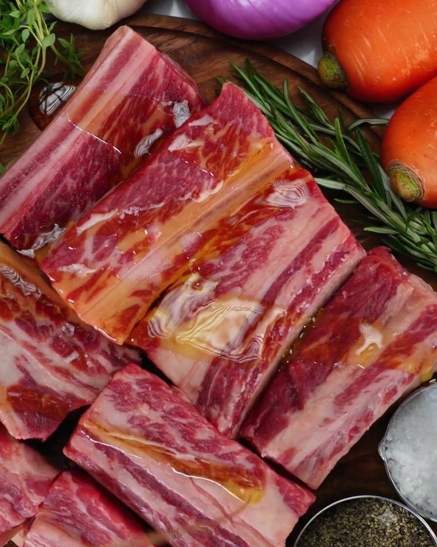 Raw beef short ribs laid out on a wooden cutting board, glistening with olive oil alongside a small bowl of coarse sea salt and black pepper.