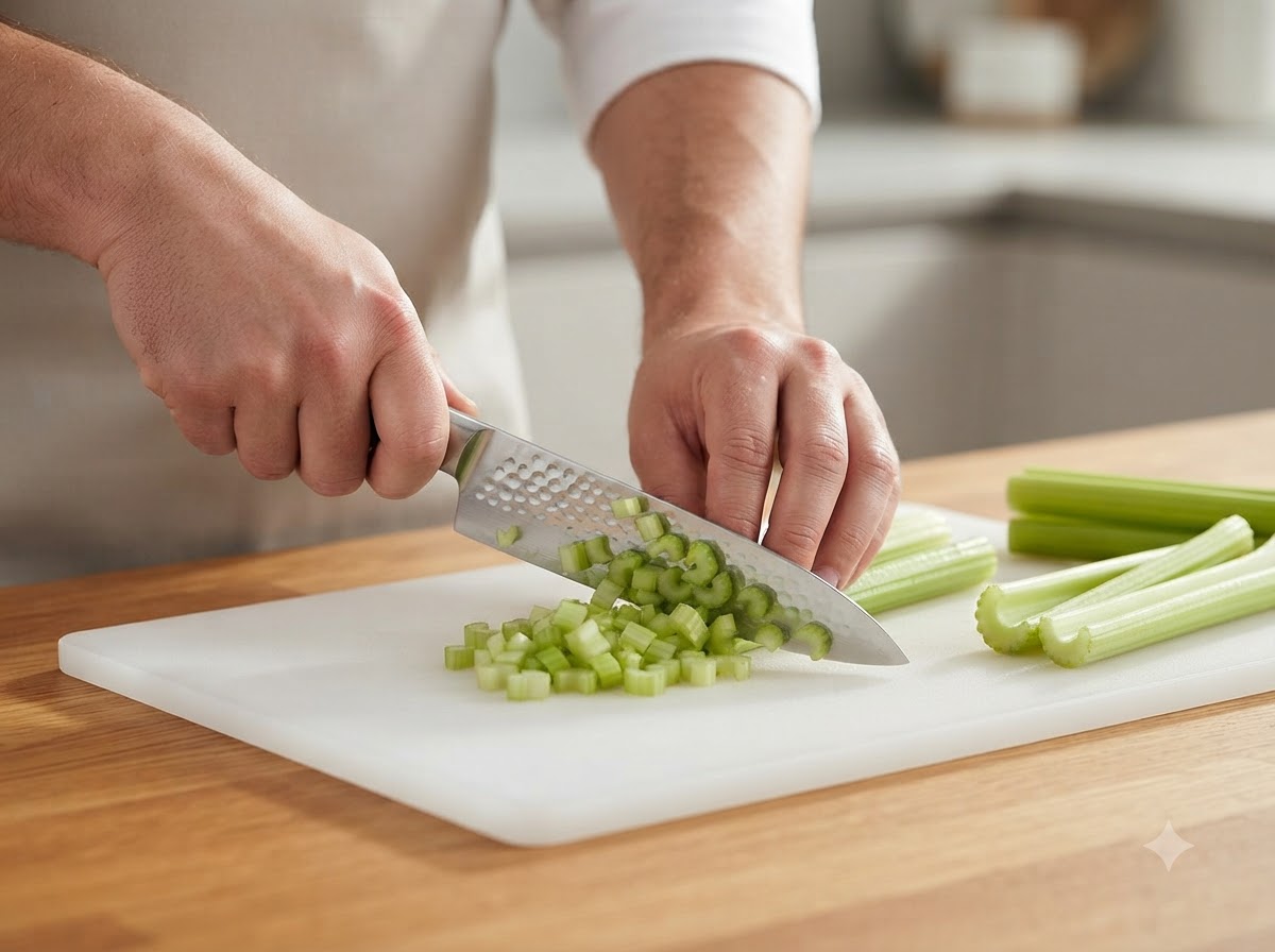 A pair of hands using a chefs knife to chop celery into small cubes on a white cutting board.