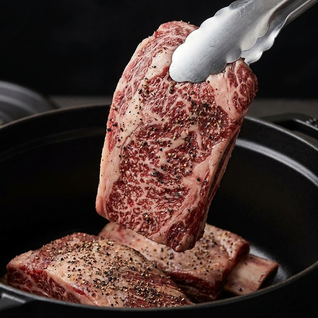 Tongs placing a seasoned beef short rib into a hot black Dutch oven, with other ribs already browning inside.