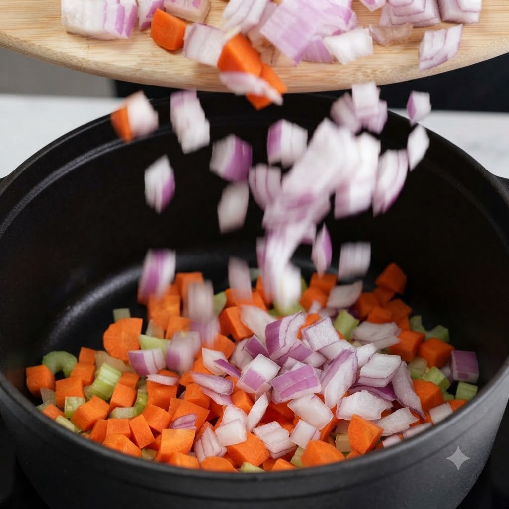 Chopped onions and carrots being poured from a wooden board into a hot pot containing already sautéed vegetables.