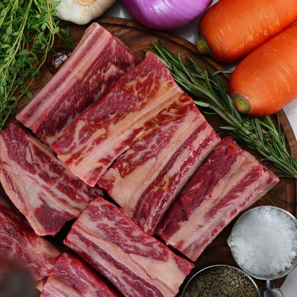 Seared beef short ribs being lowered back into the braising liquid in a pot.