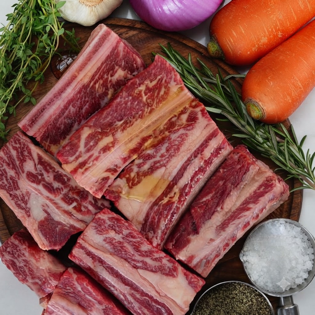 A halved head of garlic and fresh herb sprigs being added into the pot of short ribs.