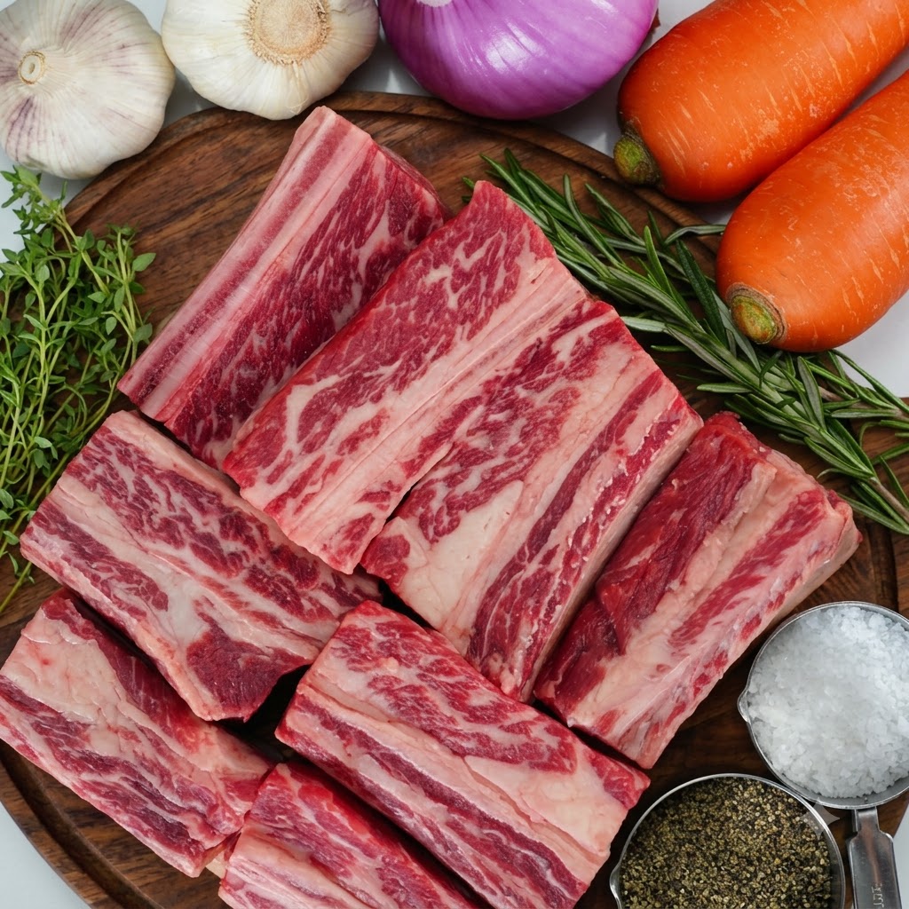 A tender beef short rib being lifted from the pot using metal tongs, showing cooked texture.