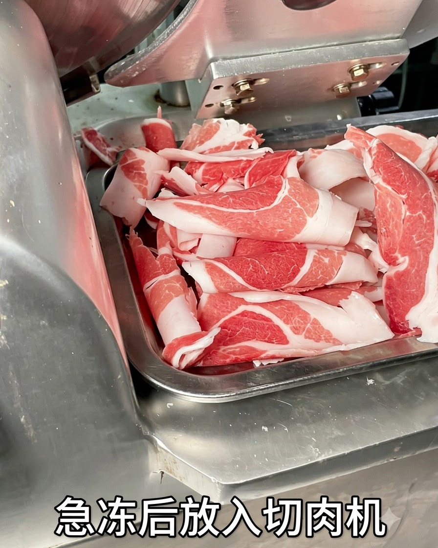 Thin and uniform pork belly slices coming off a meat slicer tray after being frozen.