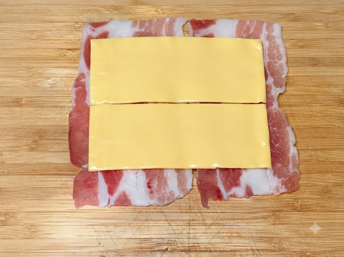 Square cheese slices laid out flat on top of overlapping thin pork belly slices on a wooden board.