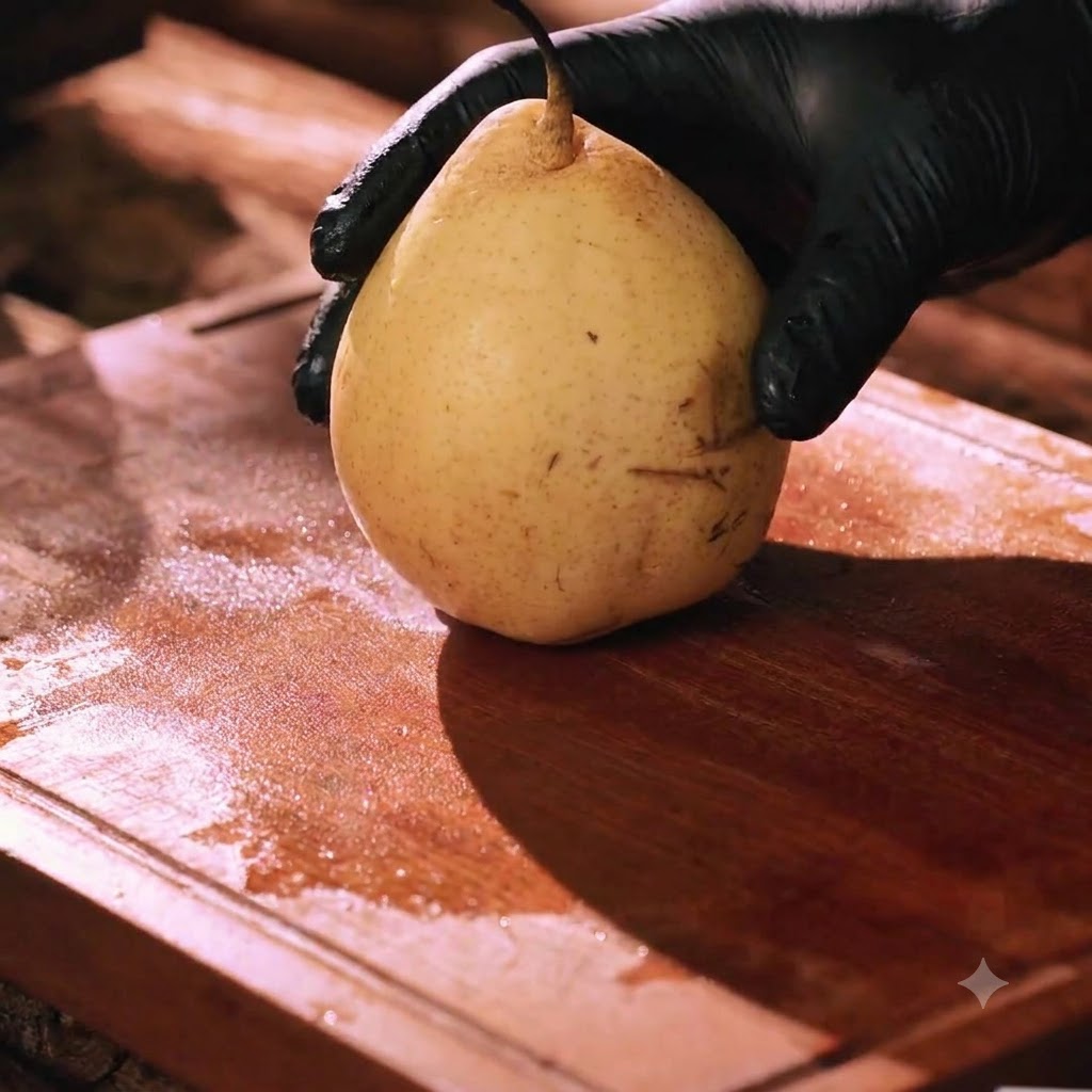 A fresh pear being sliced on a wooden cutting board.