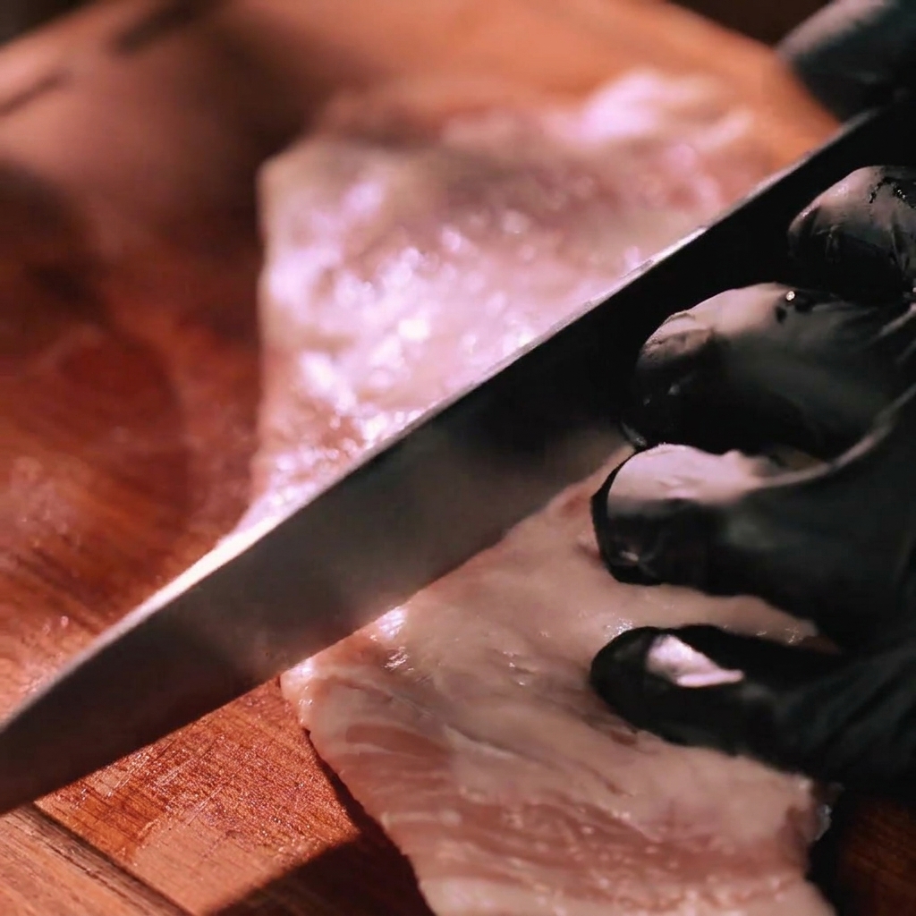 A sharp knife scoring a crosshatch pattern onto a cut of raw pork neck.