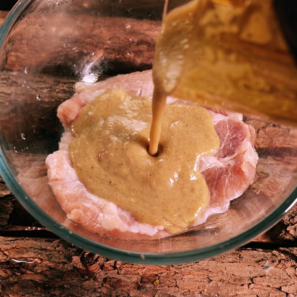 Thick blended marinade being poured from a container over raw pork meat in a glass bowl.