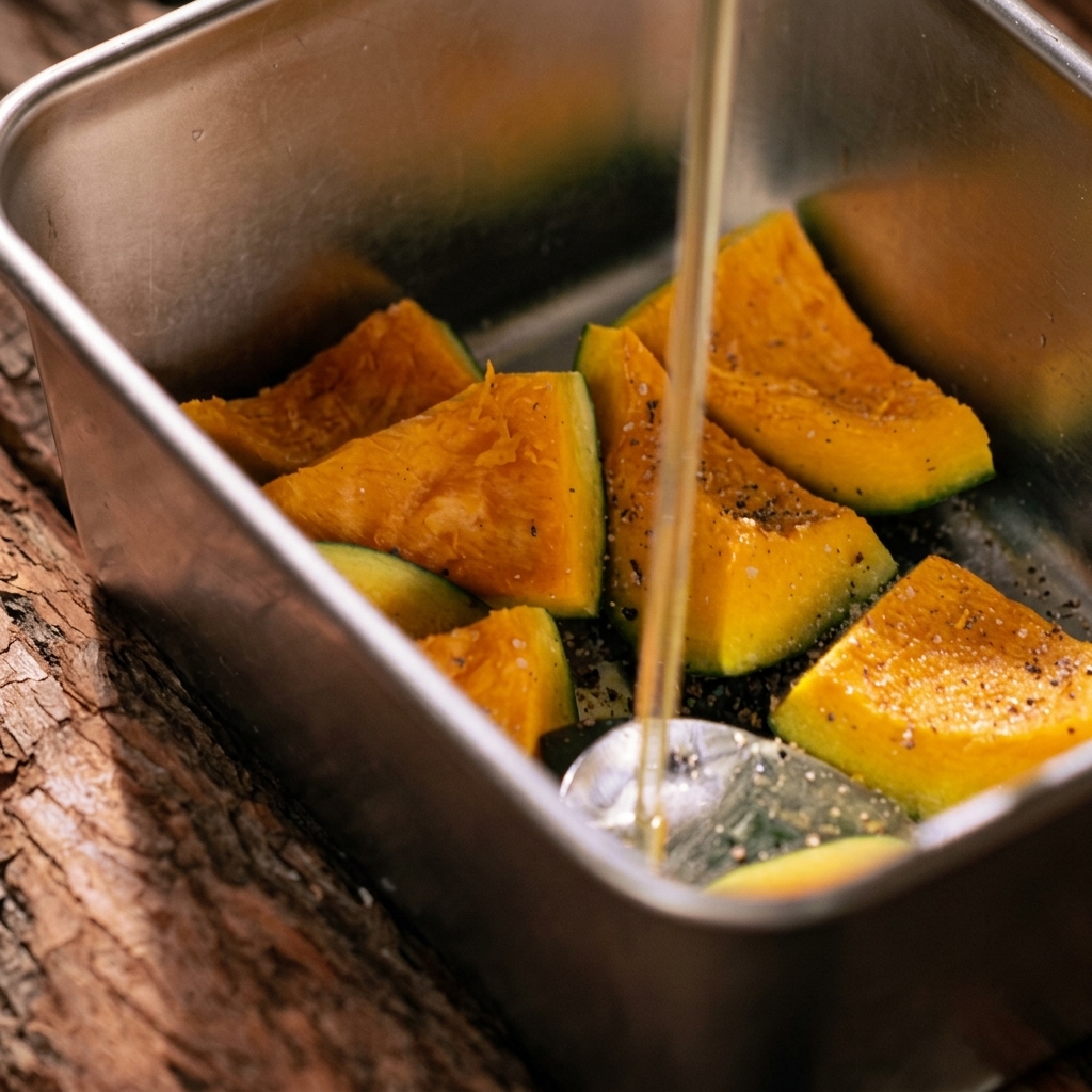 Pumpkin wedges being tossed with olive oil and spices inside a metal tray.