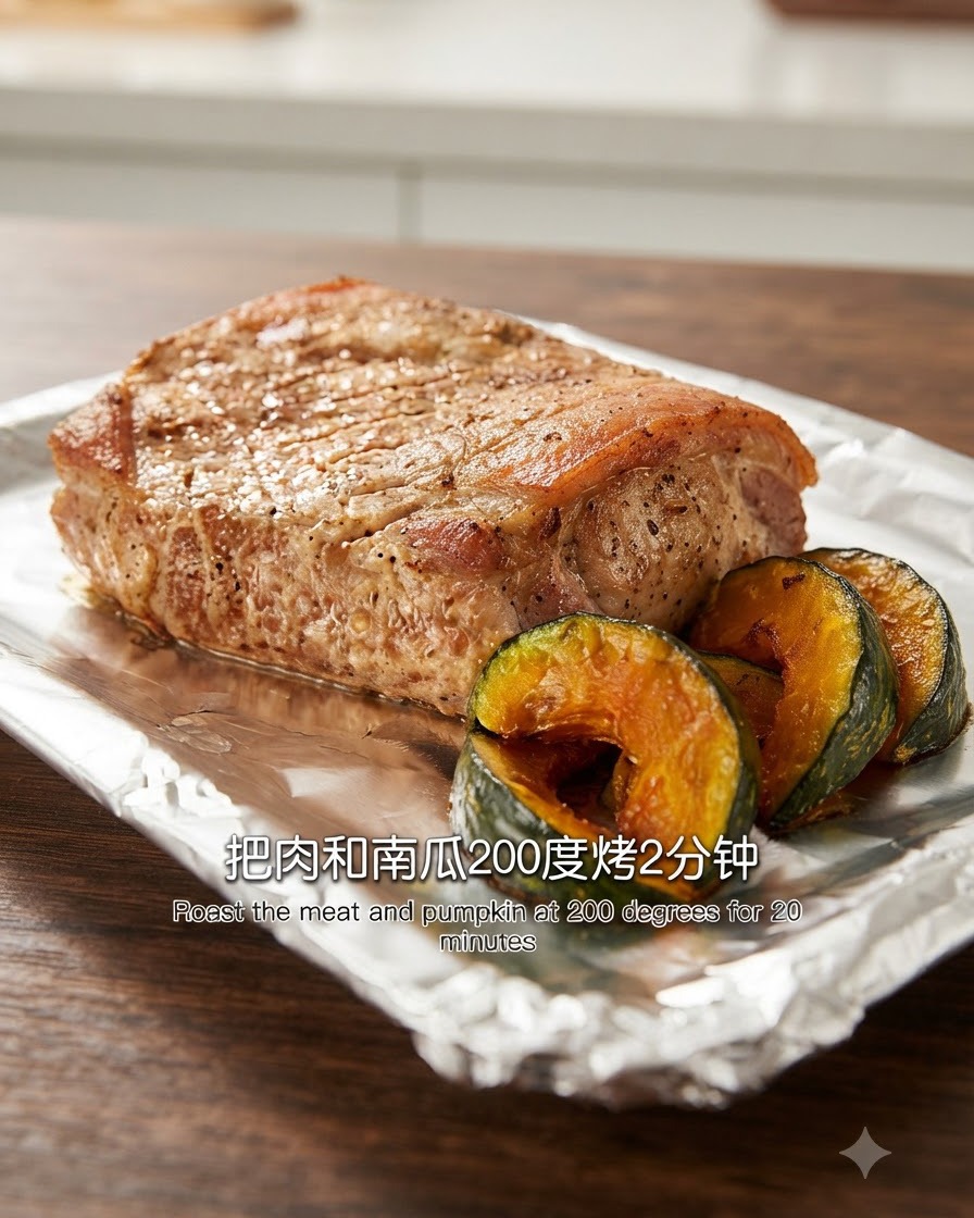 Marinated pork neck and sliced pumpkin arranged on foil on a baking tray.