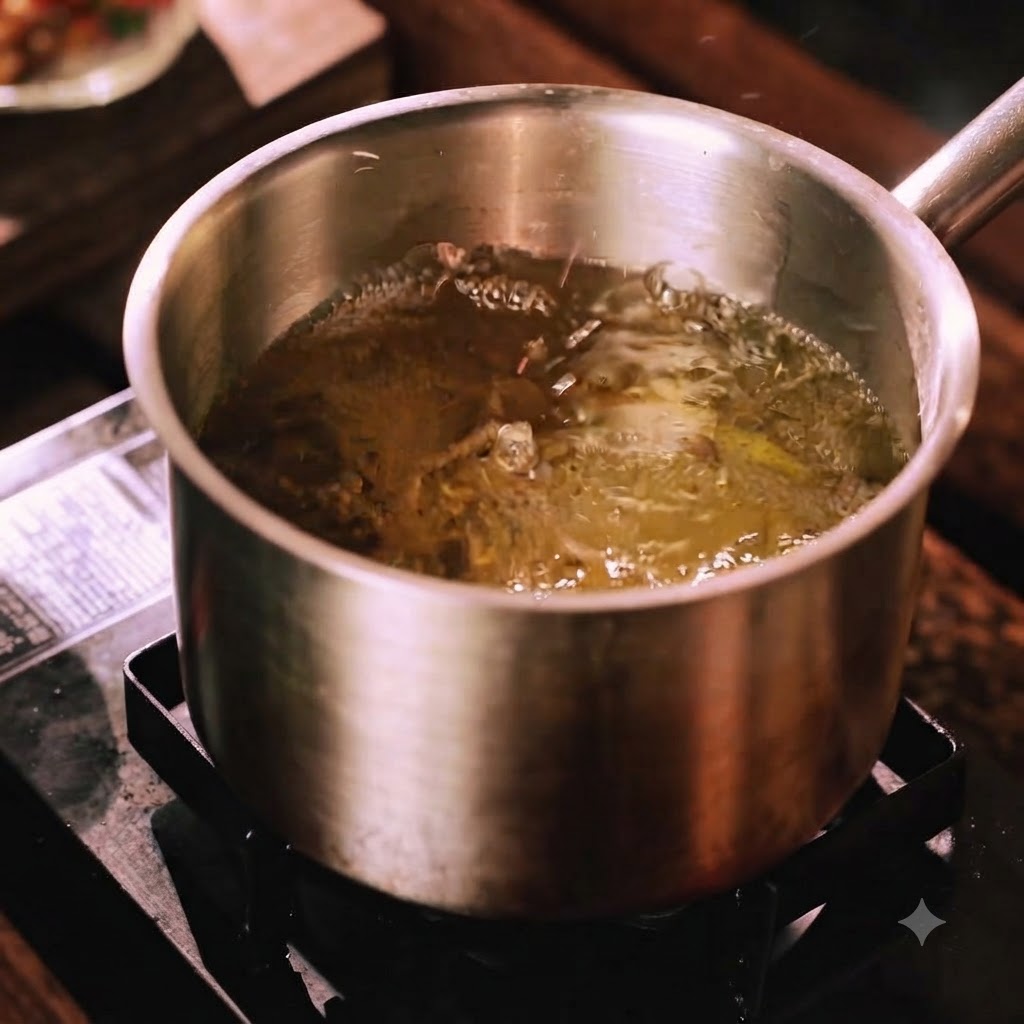 Korean rice cakes frying in hot bubbling oil in a stainless steel pot.