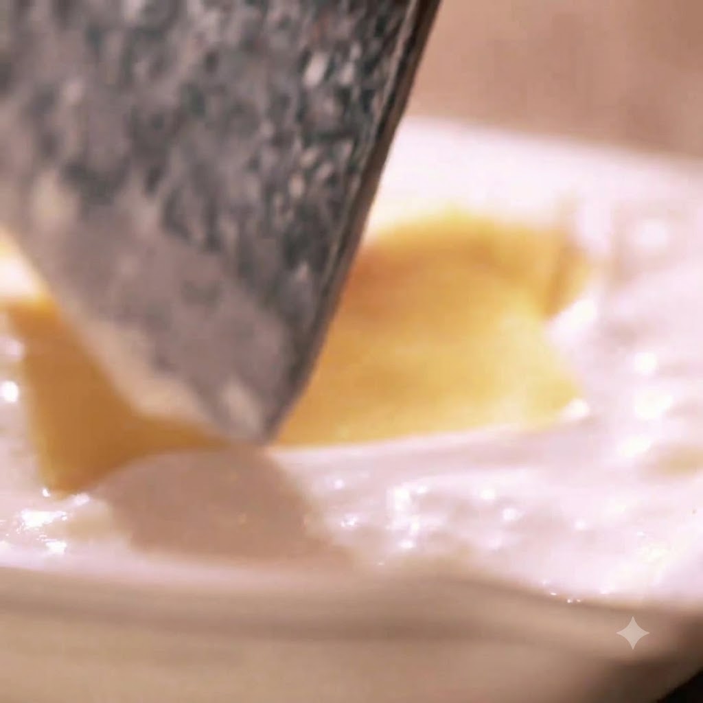 Cheese slices being added into a creamy white sauce in a pan.
