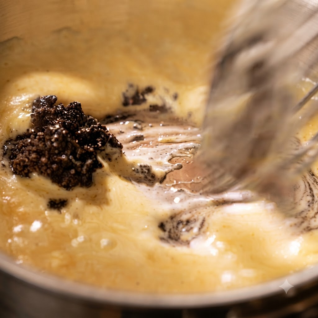 A spoonful of dark black truffle sauce being stirred into a pan of bubbling yellow cheese sauce with a whisk.