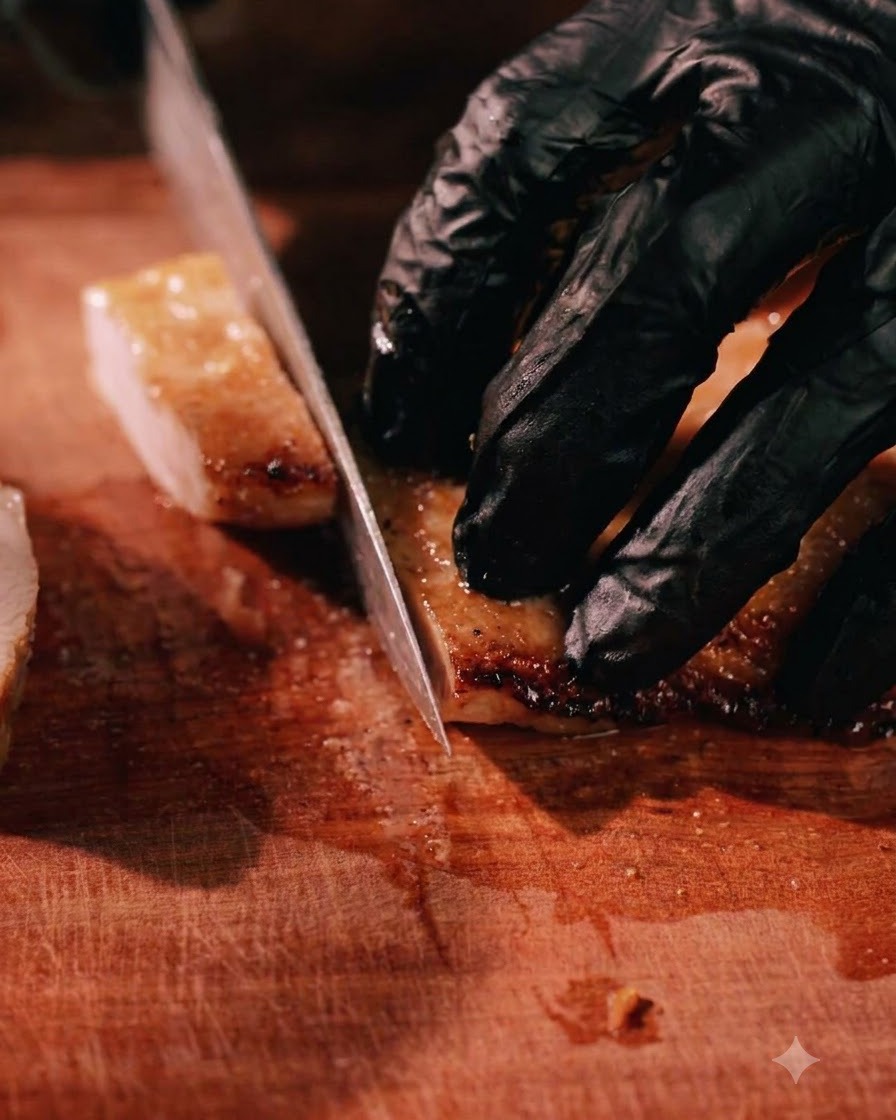 A person wearing black gloves using a sharp knife to cut a roasted piece of pork neck on a wooden cutting board.