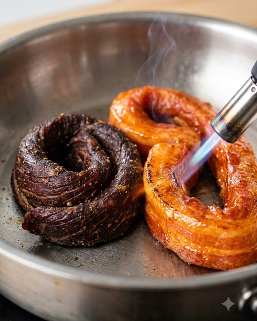 A blue flame from a blowtorch slightly charring rolled pieces of meat inside a stainless steel metal bowl.