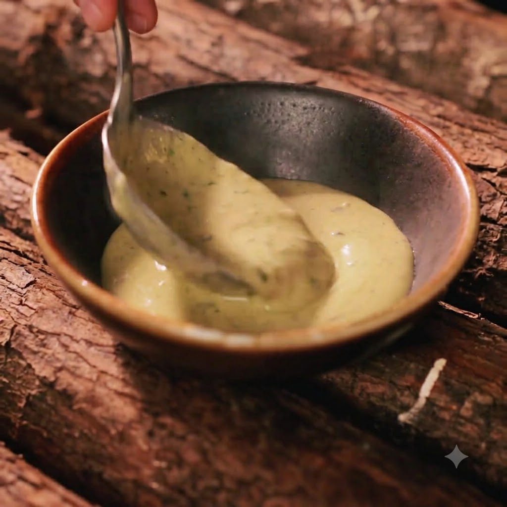 A ladle scooping creamy yellow truffle cheese sauce into a small dark ceramic bowl set against a wooden log background.