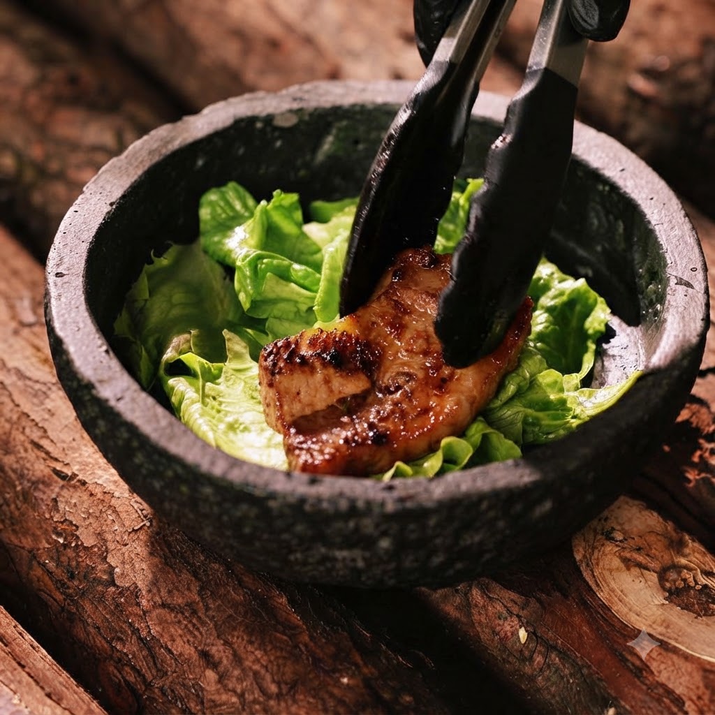 Black tongs placing a piece of cooked pork neck onto a bed of fresh green lettuce inside a black stone bowl.