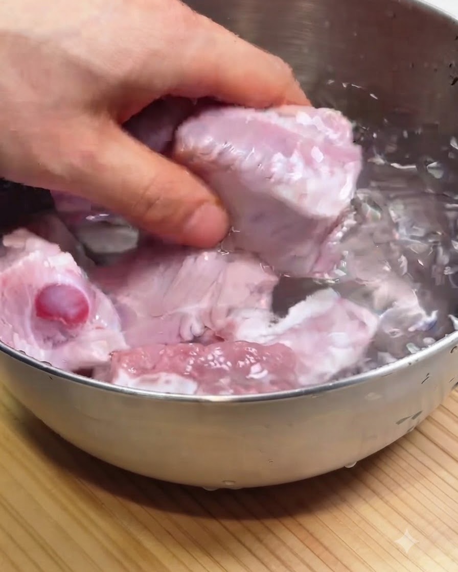 Pork ribs being rinsed in a stainless steel bowl filled with water.