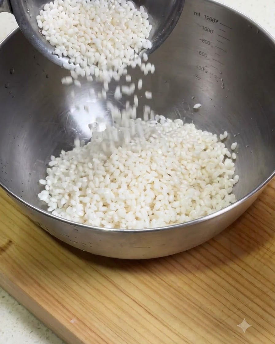 Sticky rice being poured into a bowl to be mixed with Chinese sausage and shiitake mushrooms.