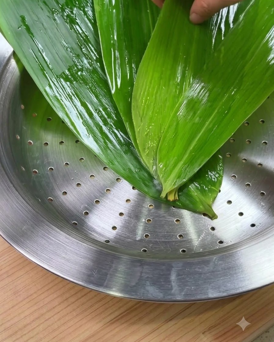 Cleaned green Zong leaves layered across the bottom of a round metal steamer tray.