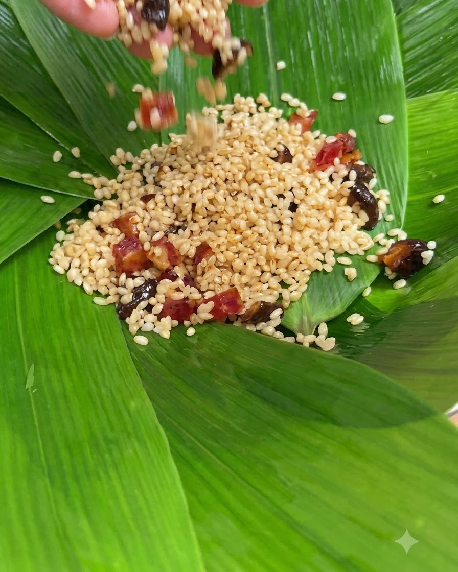 Seasoned sticky rice with Chinese sausage and mushrooms being spread over Zong leaves.
