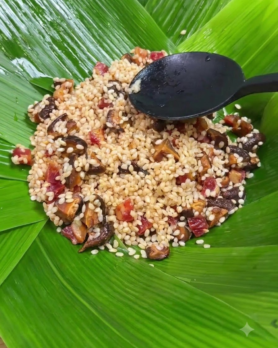 Marinated pork ribs being arranged on top of the seasoned sticky rice layer inside Zong leaves.
