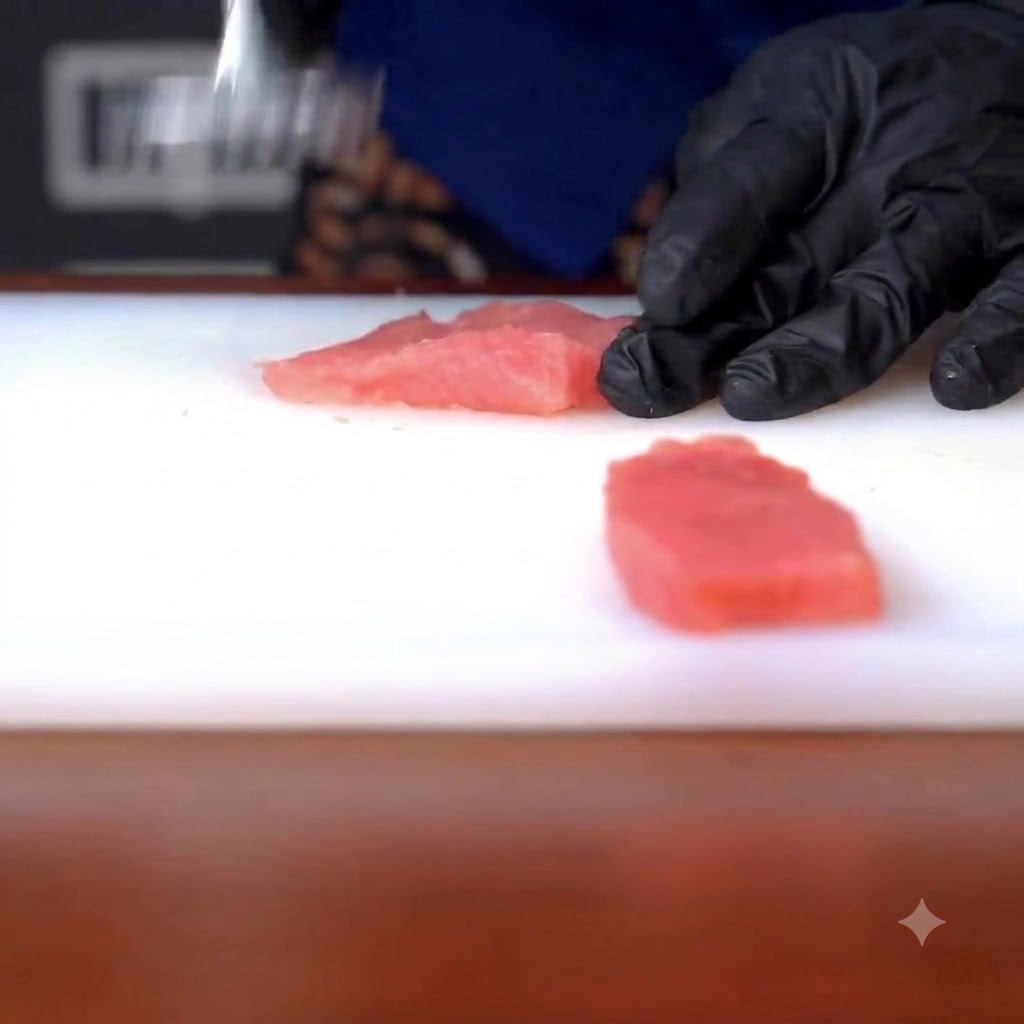 A raw pork slice being pounded with a metal meat tenderizer.