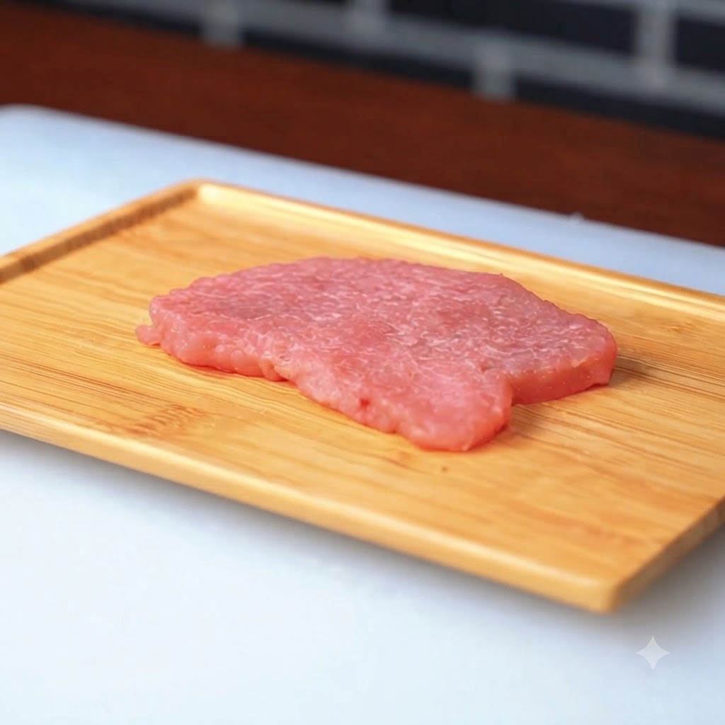 A raw pork slice resting on a wooden board after being coated with flour.