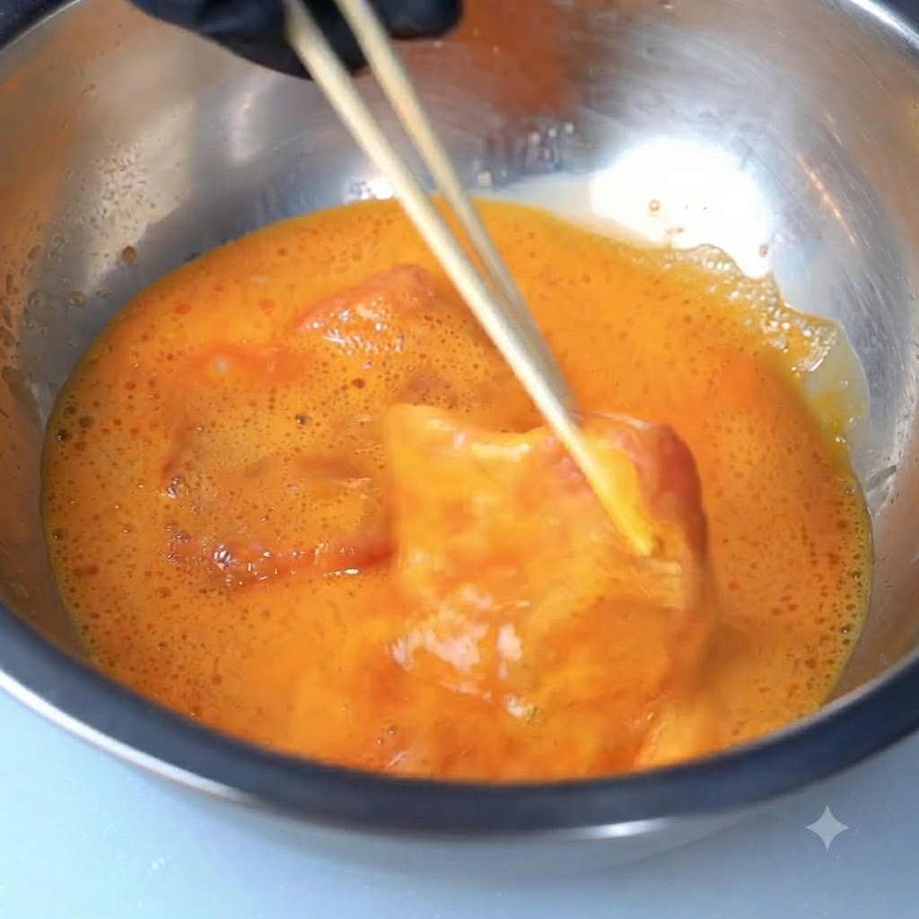 A flour-coated pork piece being submerged into a bowl of orange egg wash using chopsticks.