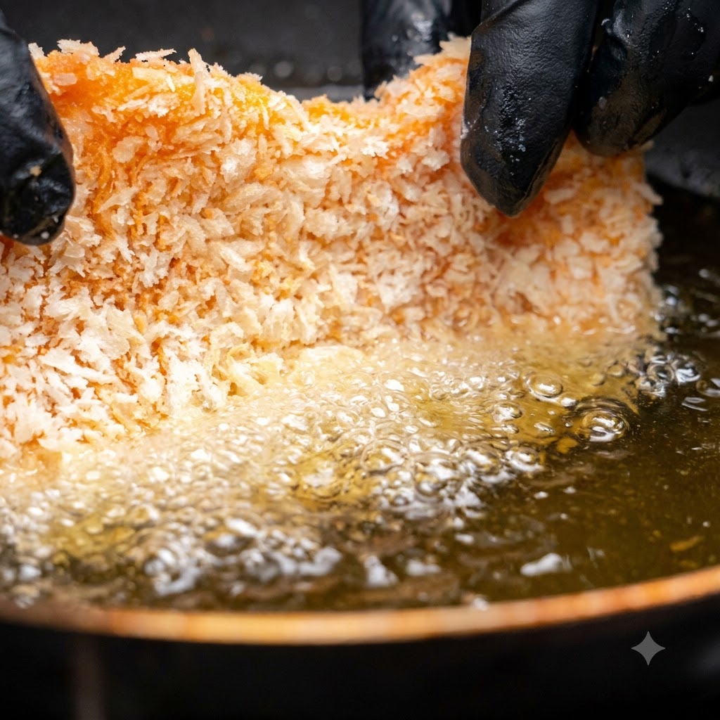 A breaded pork cutlet being lowered into bubbling hot cooking oil in a frying pan.